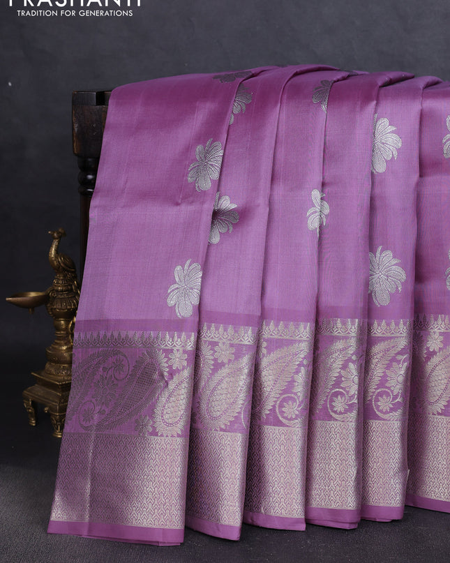 Venkatagiri silk saree lavender with silver zari woven buttas and rich silver zari woven border