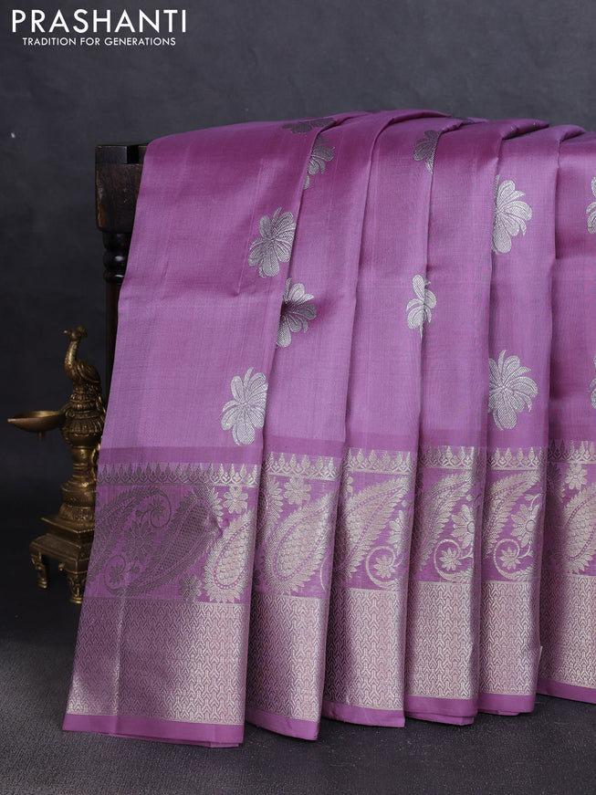 Venkatagiri silk saree lavender with silver zari woven buttas and rich silver zari woven border