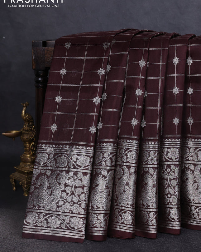 Venkatagiri silk saree coffee brown with allover silver zari weaves and long silver zari woven border