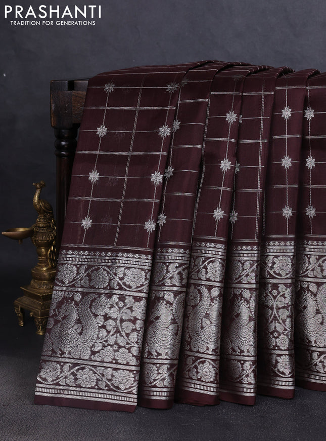 Venkatagiri silk saree coffee brown with allover silver zari weaves and long silver zari woven border