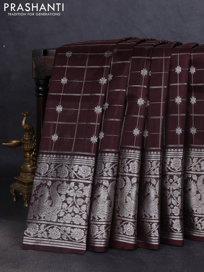 Venkatagiri silk saree coffee brown with allover silver zari weaves and long silver zari woven border