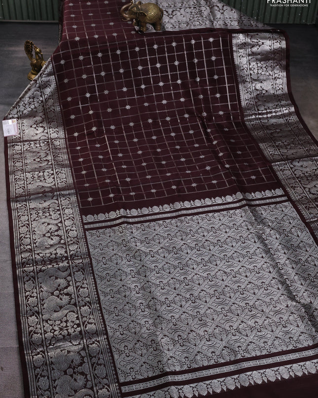 Venkatagiri silk saree coffee brown with allover silver zari weaves and long silver zari woven border