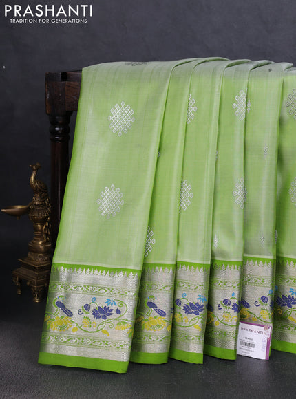 Venkatagiri silk saree light green with silver zari woven rangoli buttas and rich zari woven border