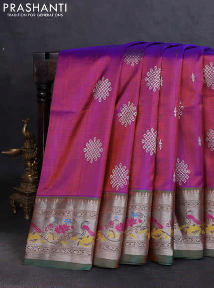 Venkatagiri silk saree dual shade of purple and green with silver zari woven rangoli buttas and rich zari woven border