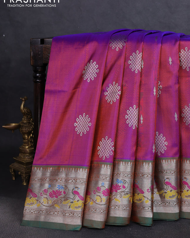 Venkatagiri silk saree dual shade of purple and green with silver zari woven rangoli buttas and rich zari woven border