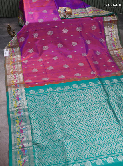 Venkatagiri silk saree dual shade of purple and green with silver zari woven rangoli buttas and rich zari woven border