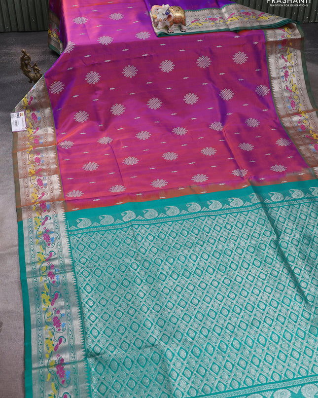 Venkatagiri silk saree dual shade of purple and green with silver zari woven rangoli buttas and rich zari woven border