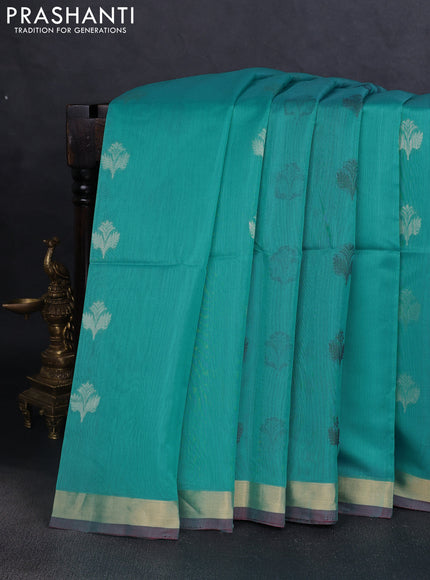 Kora silk cotton saree teal blue and deep maroon with thread & zari woven buttas and zari woven border
