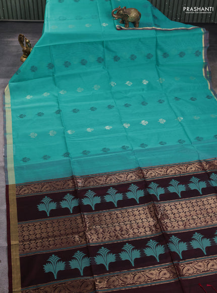 Kora silk cotton saree teal blue and deep maroon with thread & zari woven buttas and zari woven border