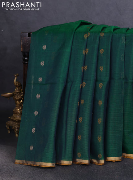 Kora silk cotton saree green and dark mustard with zari woven buttas and zari woven border