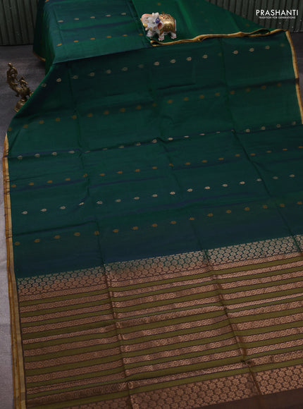 Kora silk cotton saree green and dark mustard with zari woven buttas and zari woven border