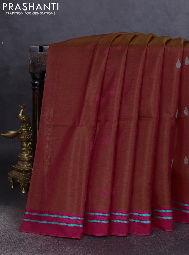Kora silk cotton saree rust shade and pink with thread woven buttas and simple border