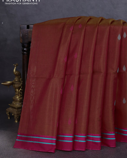Kora silk cotton saree rust shade and pink with thread woven buttas and simple border