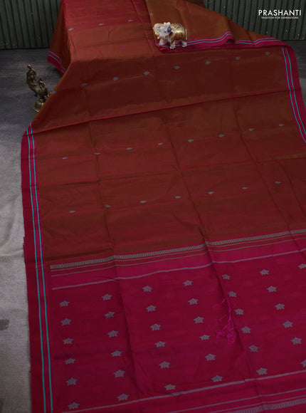 Kora silk cotton saree rust shade and pink with thread woven buttas and simple border