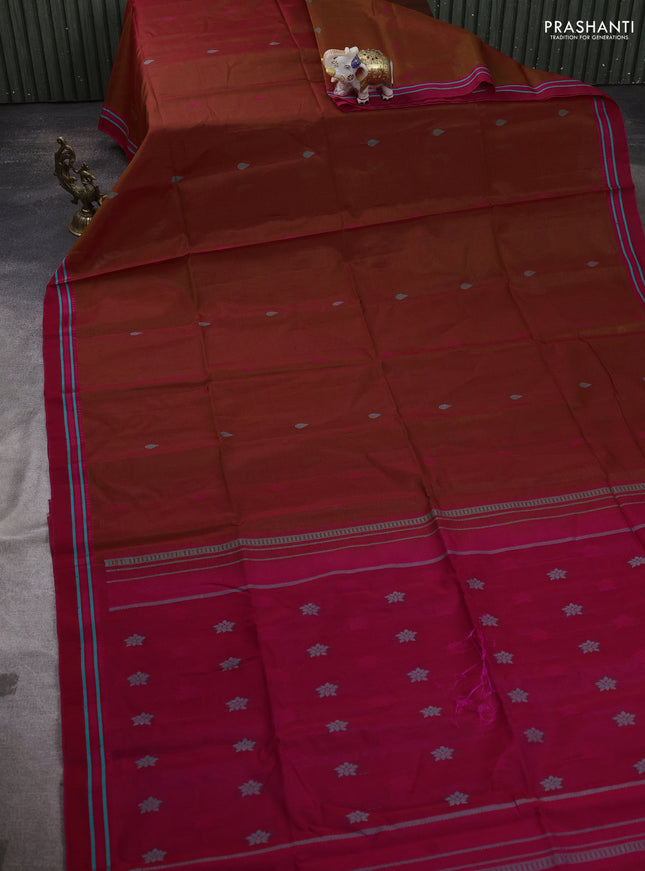 Kora silk cotton saree rust shade and pink with thread woven buttas and simple border
