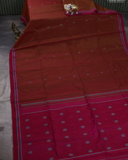 Kora silk cotton saree rust shade and pink with thread woven buttas and simple border