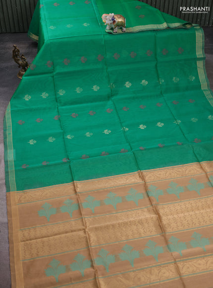 Kora silk cotton saree green and beige with thread & zari woven buttas and zari woven border