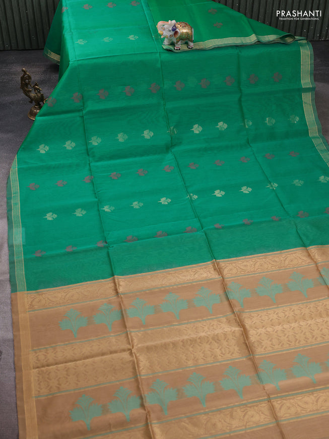 Kora silk cotton saree green and beige with thread & zari woven buttas and zari woven border
