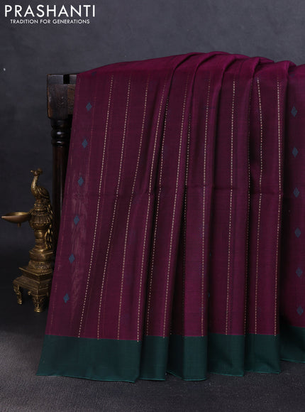 Kora silk cotton saree magenta pink and peacock green with allover zari stripes pattern and simple border