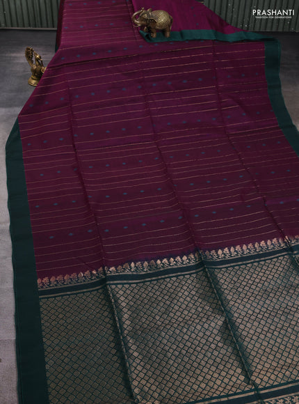 Kora silk cotton saree magenta pink and peacock green with allover zari stripes pattern and simple border
