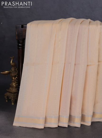 Kora silk cotton saree sandal and pink with allover silver & gold zari stripes pattern and zari woven border