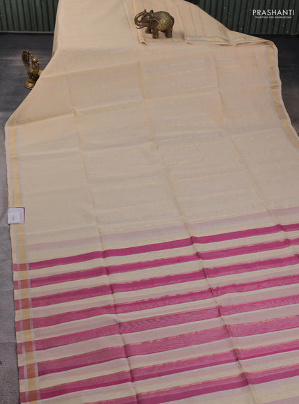 Kora silk cotton saree sandal and pink with allover silver & gold zari stripes pattern and zari woven border