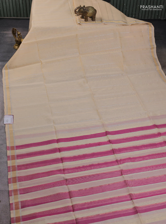 Kora silk cotton saree sandal and pink with allover silver & gold zari stripes pattern and zari woven border