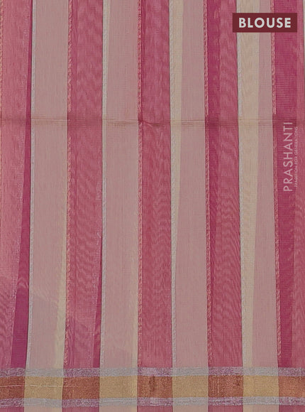 Kora silk cotton saree sandal and pink with allover silver & gold zari stripes pattern and zari woven border