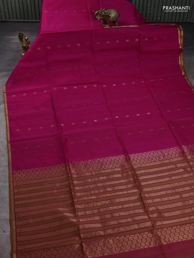 Kora silk cotton saree pink and dark mustard with zari woven buttas and zari woven border