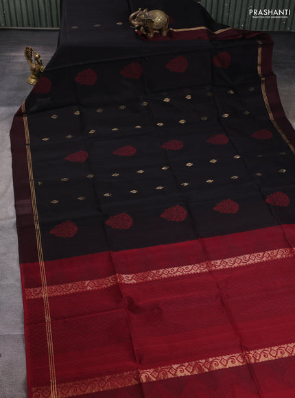 Kora silk cotton saree black and deep maroon with zari woven buttas and zari woven simple border