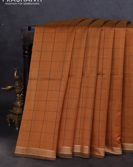 Kora silk cotton saree mustard yellow and black with allover checked pattern and ikat woven pallu
