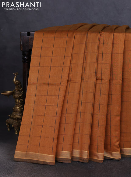 Kora silk cotton saree mustard yellow and black with allover checked pattern and ikat woven pallu