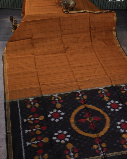 Kora silk cotton saree mustard yellow and black with allover checked pattern and ikat woven pallu