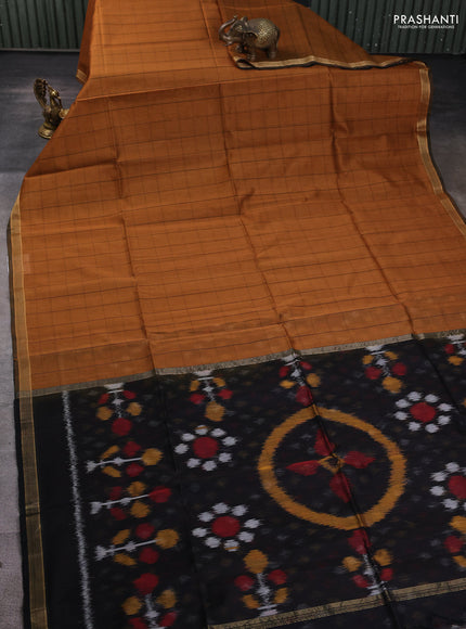 Kora silk cotton saree mustard yellow and black with allover checked pattern and ikat woven pallu