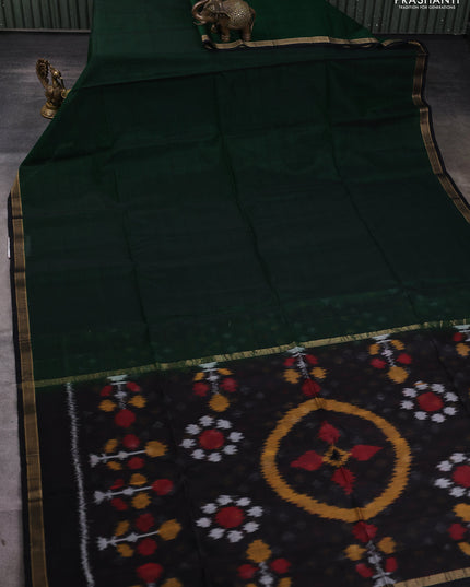 Kora silk cotton saree green and black with allover checked pattern and ikat woven pallu