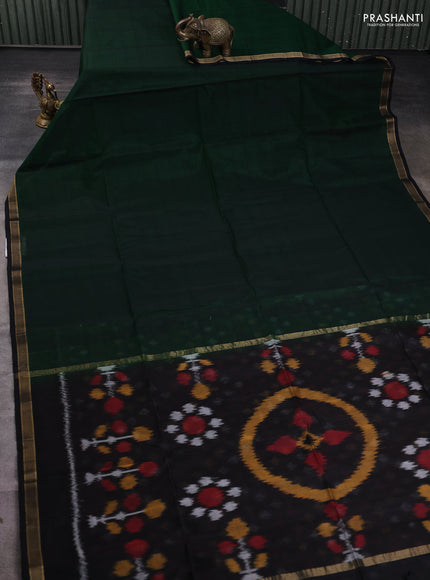 Kora silk cotton saree green and black with allover checked pattern and ikat woven pallu