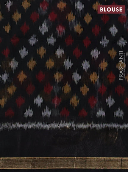 Kora silk cotton saree green and black with allover checked pattern and ikat woven pallu