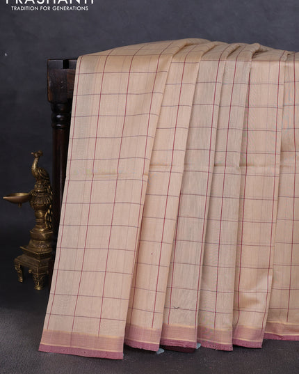 Kora silk cotton saree beige and wine shade with allover checked pattern and ikat woven pallu