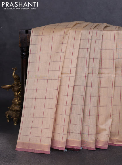 Kora silk cotton saree beige and wine shade with allover checked pattern and ikat woven pallu