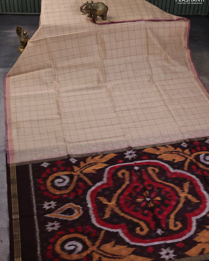 Kora silk cotton saree beige and wine shade with allover checked pattern and ikat woven pallu
