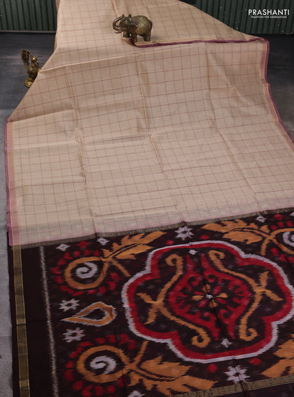 Kora silk cotton saree beige and wine shade with allover checked pattern and ikat woven pallu