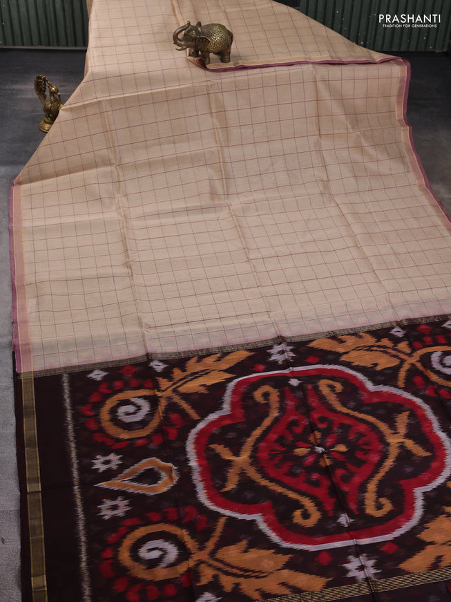Kora silk cotton saree beige and wine shade with allover checked pattern and ikat woven pallu