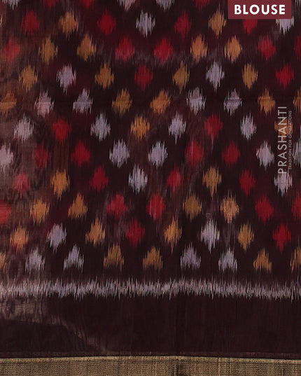 Kora silk cotton saree beige and wine shade with allover checked pattern and ikat woven pallu