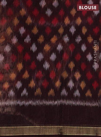 Kora silk cotton saree beige and wine shade with allover checked pattern and ikat woven pallu
