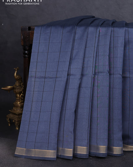 Kora silk cotton saree bluish grey with allover checked pattern and ikat woven pallu