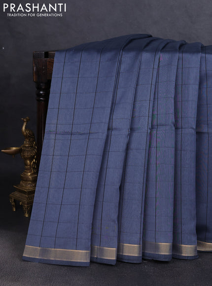 Kora silk cotton saree bluish grey with allover checked pattern and ikat woven pallu