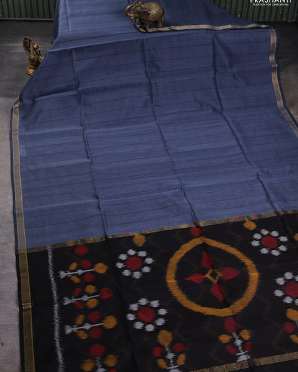 Kora silk cotton saree bluish grey with allover checked pattern and ikat woven pallu