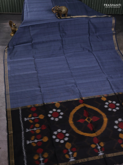 Kora silk cotton saree bluish grey with allover checked pattern and ikat woven pallu
