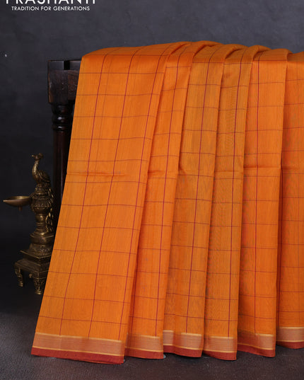 Kora silk cotton saree mango yellow and deep maroon with allover checked pattern and ikat woven pallu
