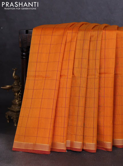 Kora silk cotton saree mango yellow and deep maroon with allover checked pattern and ikat woven pallu